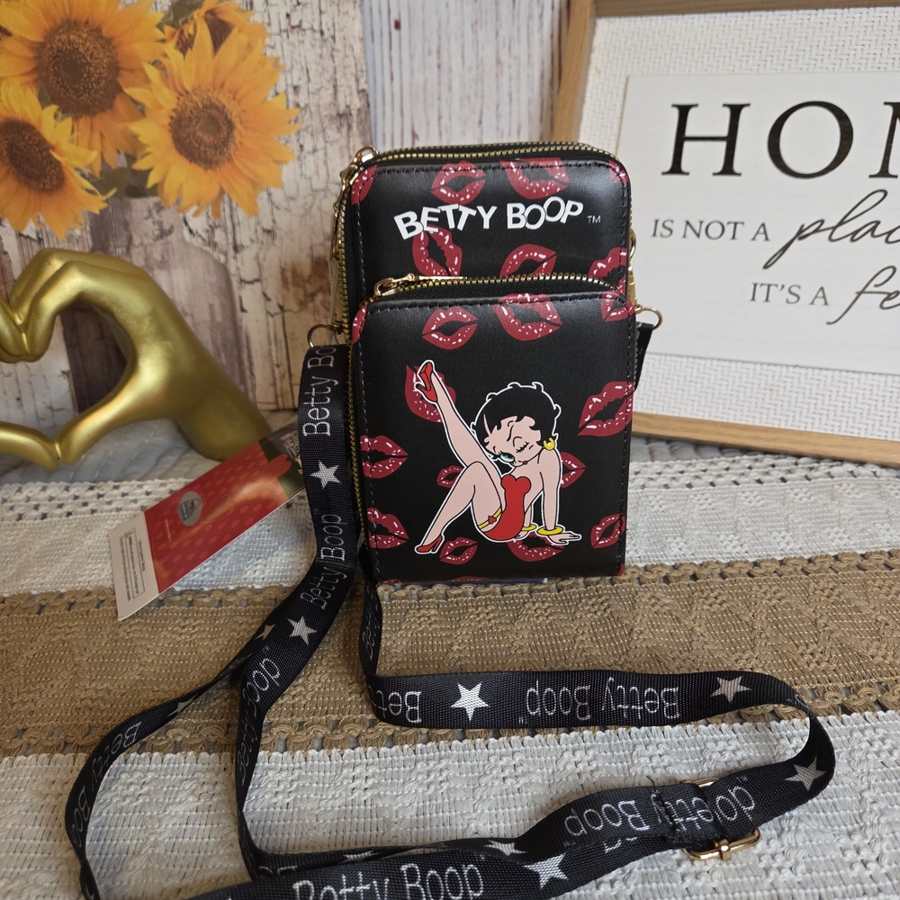 Betty Boop Triple Pocket Black Crossbody Bag